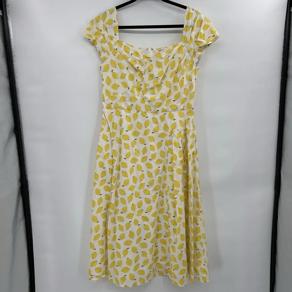 Eshakti Womens Sweetheart Lemon Print Cotton Dress Sz L Yellow Amalfi‎ Summer